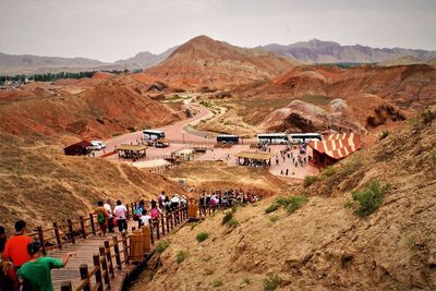 Wooden stairs for a view of the rainbow mountain 