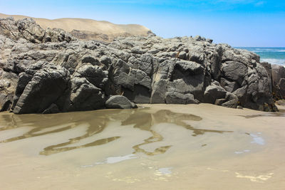 Scenic view of rocks on beach against sky