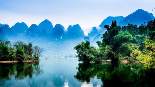 Panoramic view of lake and mountains against clear sky