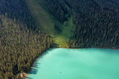Part of lake in forest that rises into mountains. canada, valley of ten peaks. soothing photo.