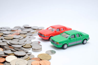 High angle view of toy car on white background