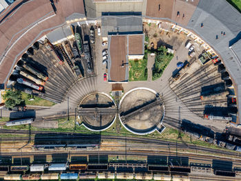 Aerial photo of semicircular railway depot. near round railway turntable for wagons. drone photoshot