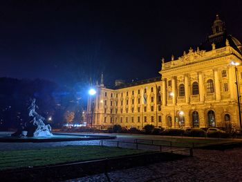 Statue in city at night