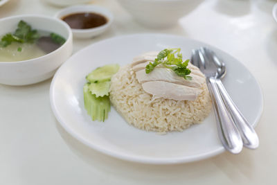 High angle view of food in plate on table