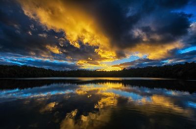 Scenic view of lake against sky at sunset