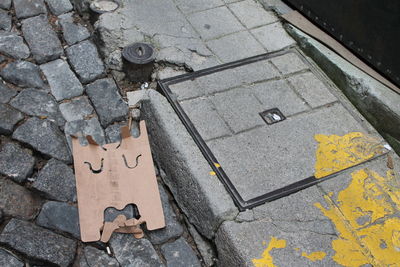 High angle view of anthropomorphic face on paper at street