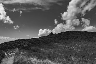 Low angle view of arid landscape against sky