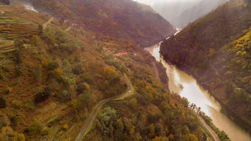 High angle view of river amidst mountains