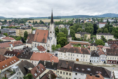 High angle view of houses in town