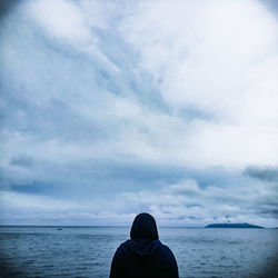 Rear view of man on beach against sky