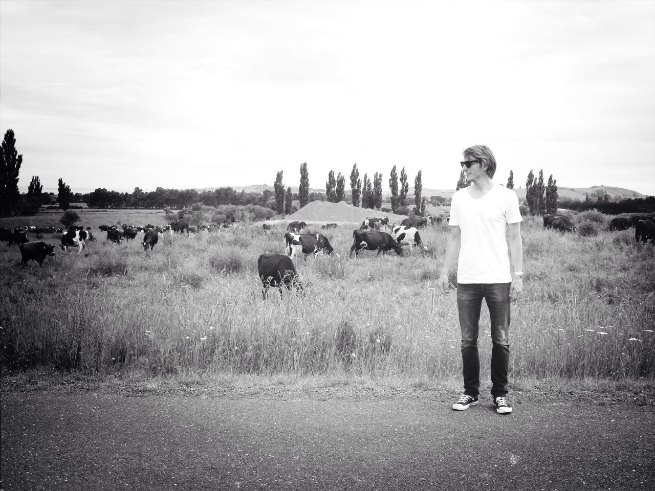 grass, field, sky, lifestyles, leisure activity, water, person, standing, men, landscape, togetherness, rear view, animal themes, casual clothing, nature, grassy, full length, tree, day