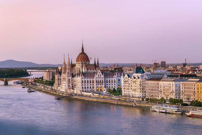 View of budapest with hungarian parliament building from fisherman bastion at dusk, hungary