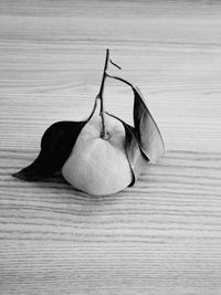 High angle view of a bread on wooden table
