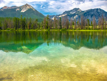 Scenic view of lake and mountains against sky