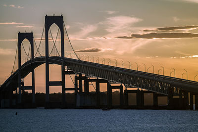 Silhouette bridge over river against sky during sunset