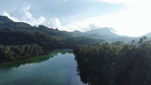 Scenic view of lake and mountains against sky