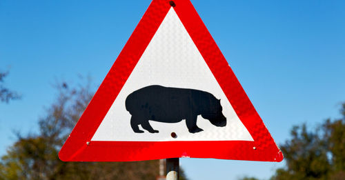 Close-up of road sign against clear blue sky