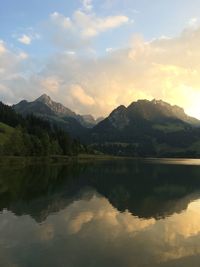 Scenic view of lake and mountains against sky