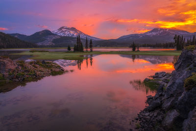 Scenic view of lake against sky during sunset