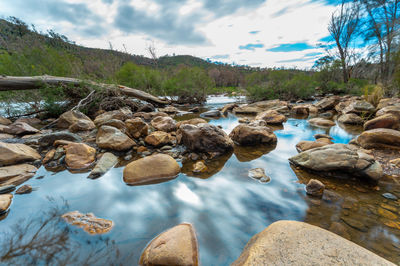 Scenic view of rocks in river against sky