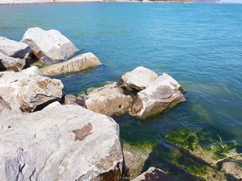 High angle view of rocks on sea shore