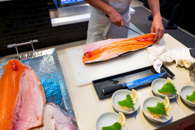 High angle view of fish on table