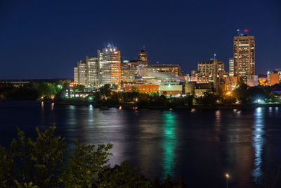 View of city lit up at night