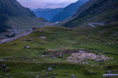 High angle view of valley and mountains