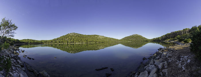 Scenic view of lake against clear blue sky