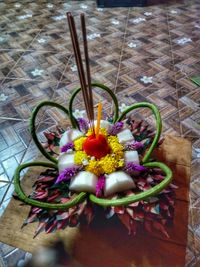 High angle view of various flowers in container