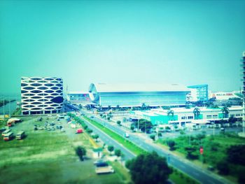 High angle view of traffic on road against clear sky