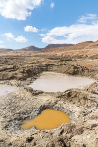 Sinkhole filled with turquoise water, near dead sea coastline. a hole formed when underground salt