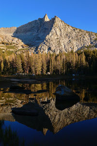 Scenic view of lake and mountains against clear blue sky