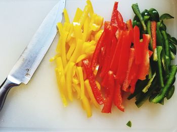 High angle view of vegetables in plate on table