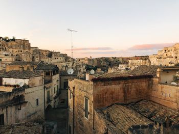 High angle view of townscape against sky at sunset