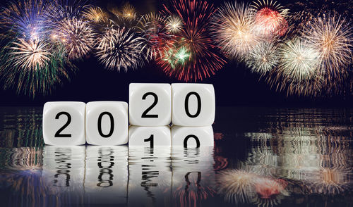 View of firework display with reflection in water