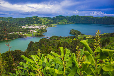 Scenic view of bay against sky