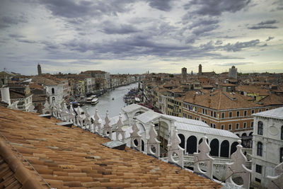 High angle view of buildings against cloudy sky