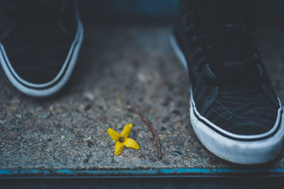 High angle view of yellow shoes on floor