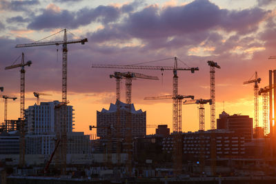 Modern buildings against sky during sunset