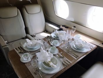 High angle view of place setting in airplane