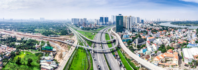 High angle view of cityscape against sky