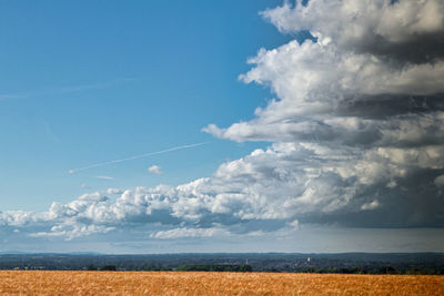 Scenic view of agricultural field against sky