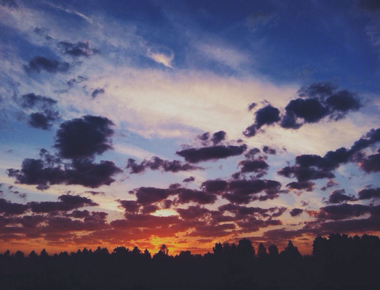 silhouette, sunset, tranquil scene, scenics, beauty in nature, tranquility, sky, tree, nature, idyllic, cloud - sky, orange color, landscape, cloud, dramatic sky, majestic, outdoors, no people, low angle view, dusk