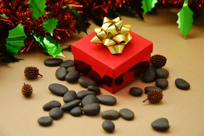 Close-up of christmas present on table