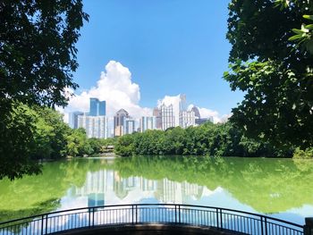 Reflection of buildings in lake