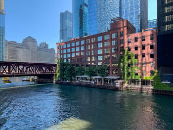 River by modern buildings against sky in city
