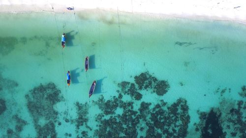 High angle view of people swimming in sea