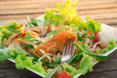 High angle view of food in plate on table