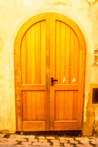 Closed wooden door of building